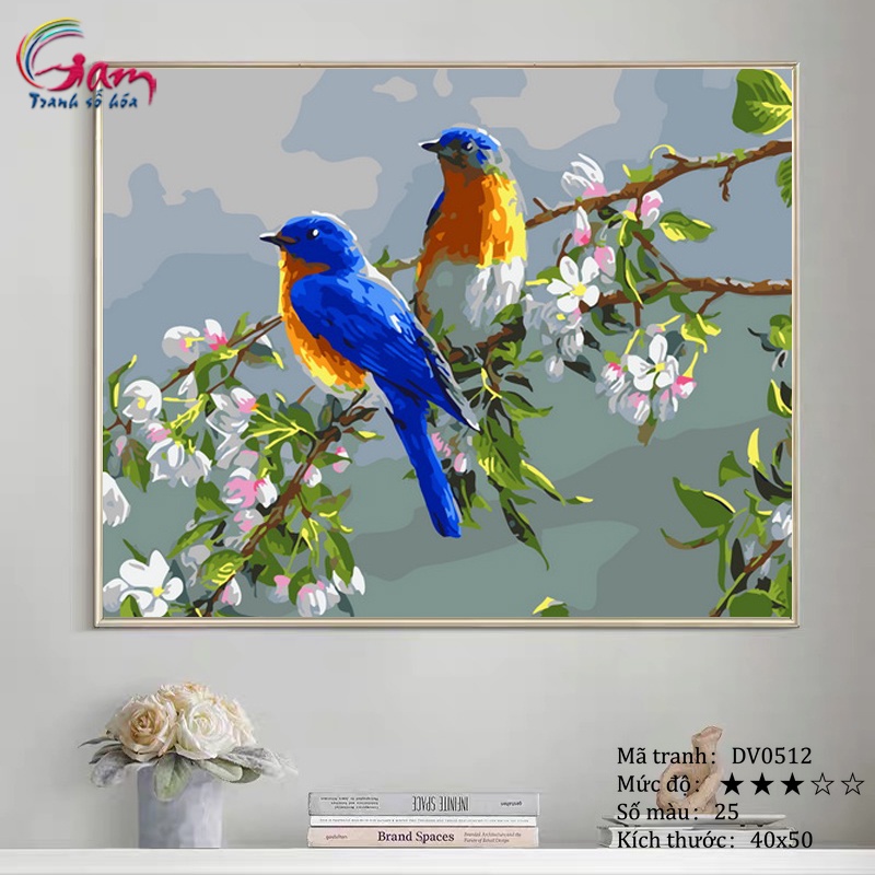 Tranh sơn dầu số hoá Gam đôi chim xanh căng khung 40x50cm DV0512