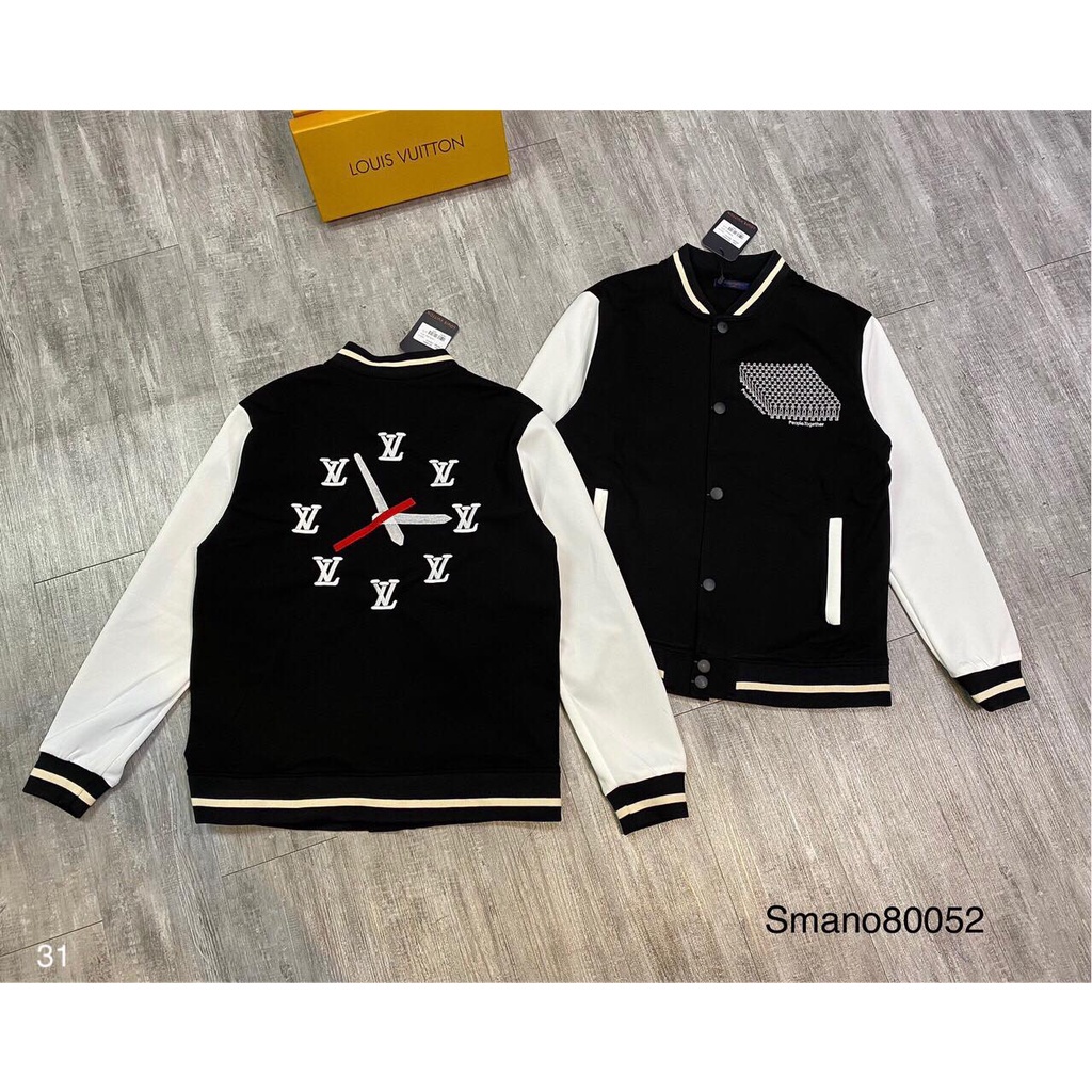 Áo khoác lv nam, bomber nam nữ thêu chữ - áo bomber nam thêu chữ lv tạo hình đồng hồ siêu chất 4MEN SHOP