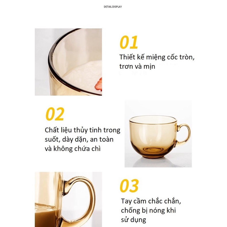 Cốc thủy tinh trong suốt màu hổ phách sang trọng, tách uống nước dung tích 410ml