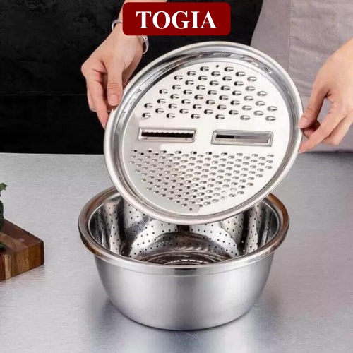 Bộ Nạo Rau Củ 3in1  Bào Nạo Rau Củ Kiêm Rổ và Chậu Inox Cao cấp Đa Năng, Tiện Lợi Đường Kính 26cm