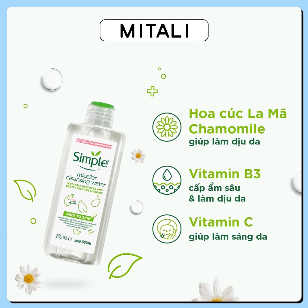 Nước Tẩy Trang Simple Micellar Cleansing Water 200ml , Sạch Sâu Dịu Nhẹ Cho Da Nhạy Cảm MiTaLi