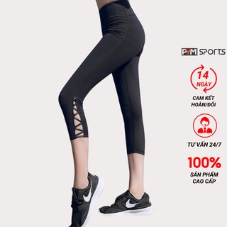 Quần legging ngố tập yoga - gym bigsize pymsport - pyml022, đan dây gấu quần, nâng mông, màu đen