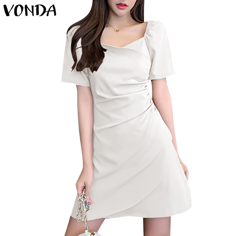 Đầm VONDA tay ngắn cổ vuông màu sắc trơn phong cách Hàn Quốc thời trang cho nữ