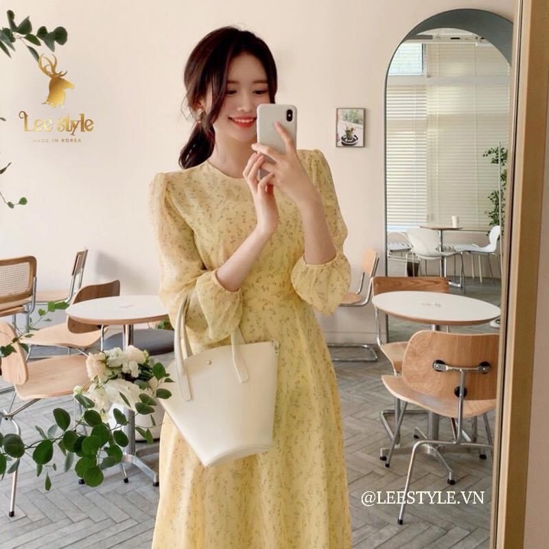 Đầm voan vàng dáng dài 2 lớp thắt dây eo