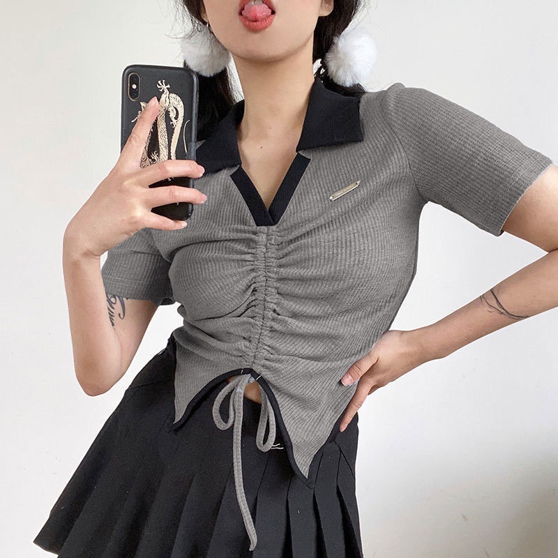 Áo thun polo Yeya phối dây rút cá tính cho nữ