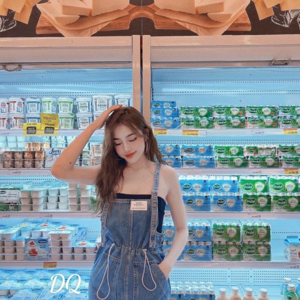 Yếm Váy Jean Nữ Chất Bò Form Dài Phối Dây Rút Eo Túi Phía Trước, Yếm Bò Nữ Phong Cách Hàn Quốc