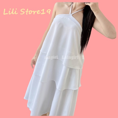 Váy Yếm 3 tầng Mặc Dã Ngoại, Đầm Cổ Yếm Màu Trắng Dáng BabyDoll  Đi Biển Dạo Phố V02