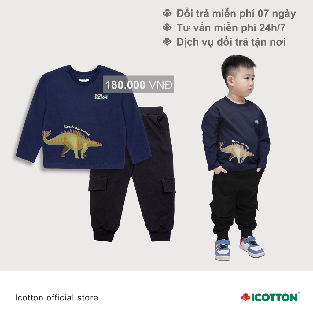 Bộ thu đông cho bé trai từ 1 đến 10 tuổi họa tiết khủng long màu Ghi