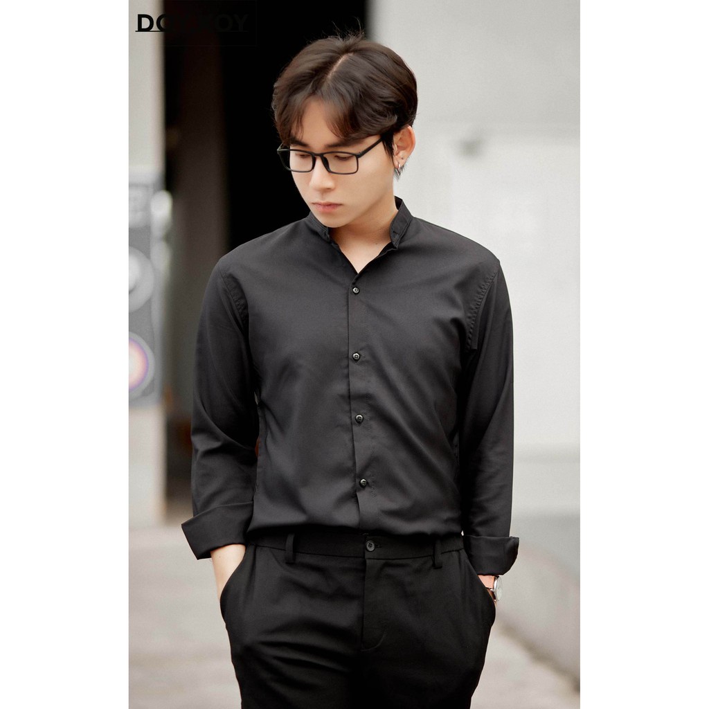 Áo Sơ Mi Nam Dài Tay Cổ Tàu Dáng Ôm Body Hàn Quốc Vải Mịn Mát, Ao so mi nam Cổ Trụ Không Nhăn_BUN STORE