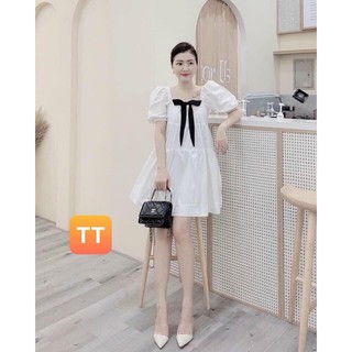 Đầm Ulzzang Babydoll Phối Nơ dáng xòe bánh bèo tiểu thư - bầu bí mặc thoải mái