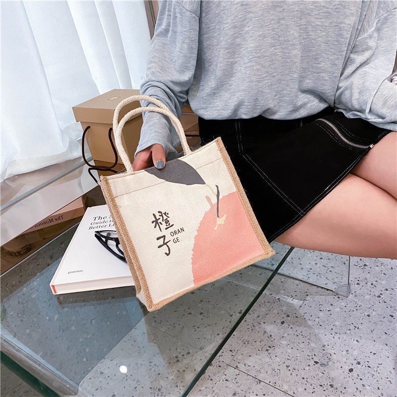 Túi cói mini quai xách du lịch đa năng in họa tiết xinh xắn có khóa kéo - Mã TC01