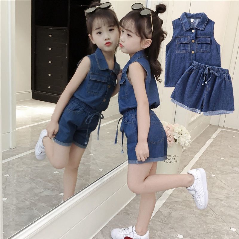 Set Áo Thun Tay Ngắn + Quần Short Denim Thiết Kế Mới 2022 Thời Trang Mùa Hè Dành Cho Bé Gái