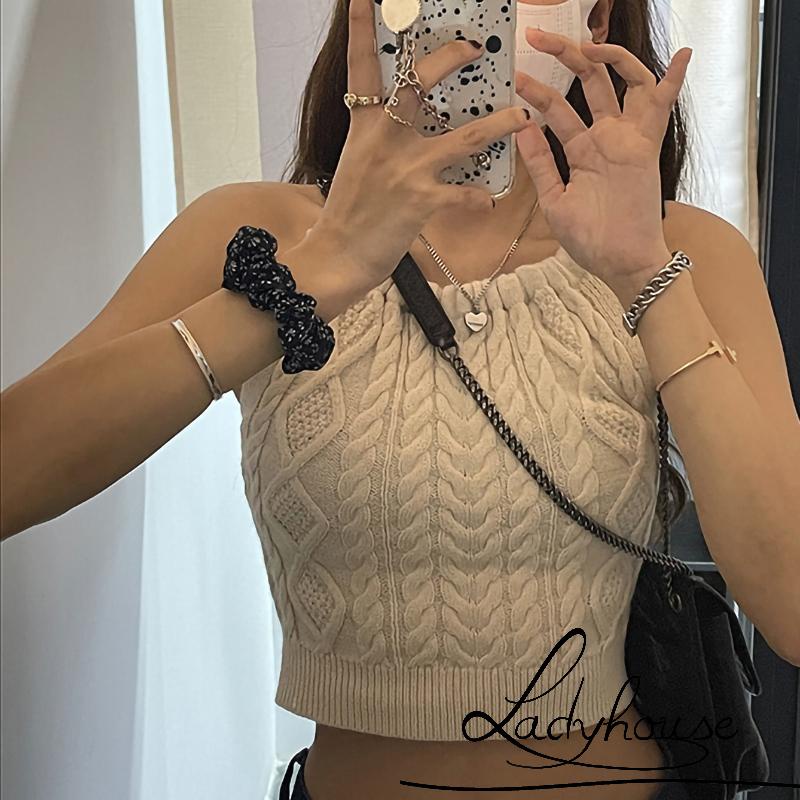 Áo Dệt Kim Hai Dây Cổ Tròn Màu Sắc Đơn Giản Dành Cho Nữ