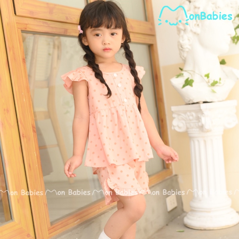 Set áo váy/đầm kèm quần rời chất đũi tằm họa tiết chấm bi cho bé gái Mon Babies VL56 - Thời trang trẻ em xuân hè - SIÊU