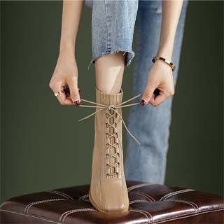 Giày boots bốt nữ đẹp len phối da buộc dây phong cách Hàn Quốc xu hướng 2021