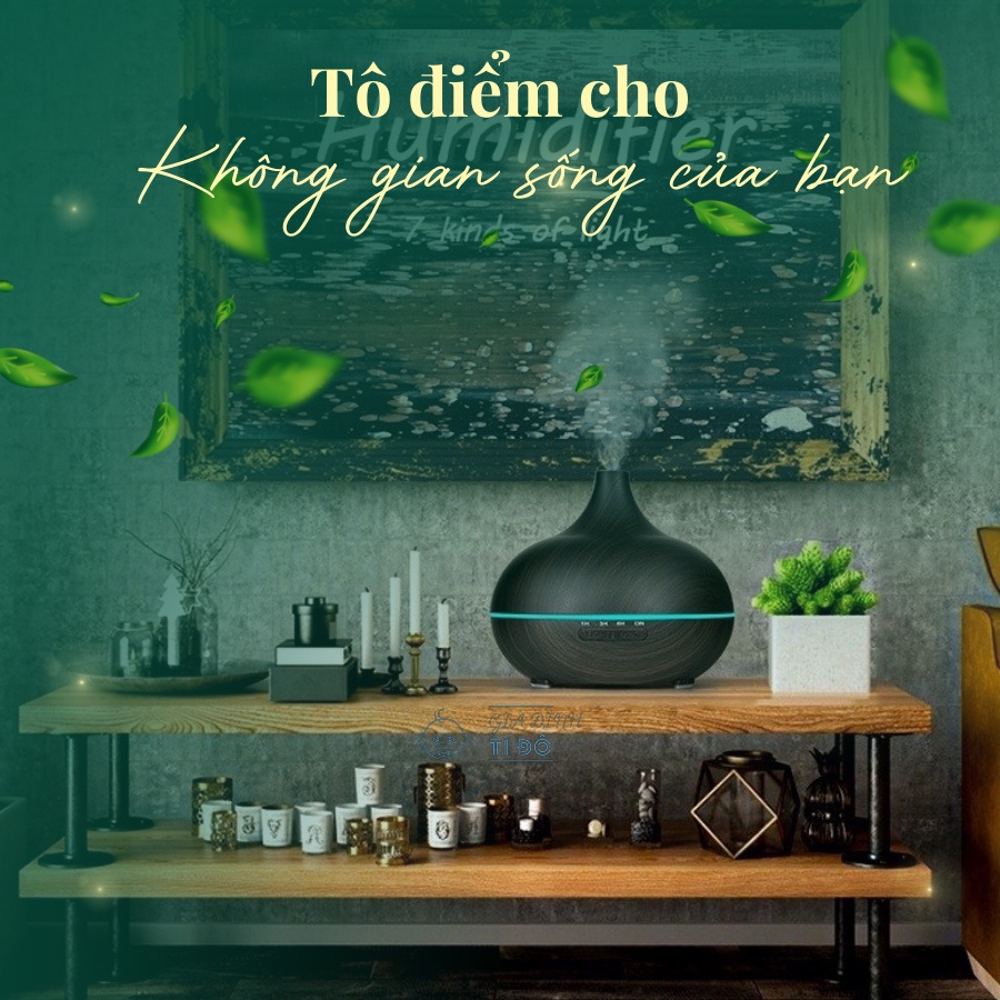 Máy xông tinh dầu, máy khuếch tán tinh dầu Cổ Cao Vân Gỗ, Dung Tích 550ML, Có Điều Khiển, Đèn Led 7 Màu