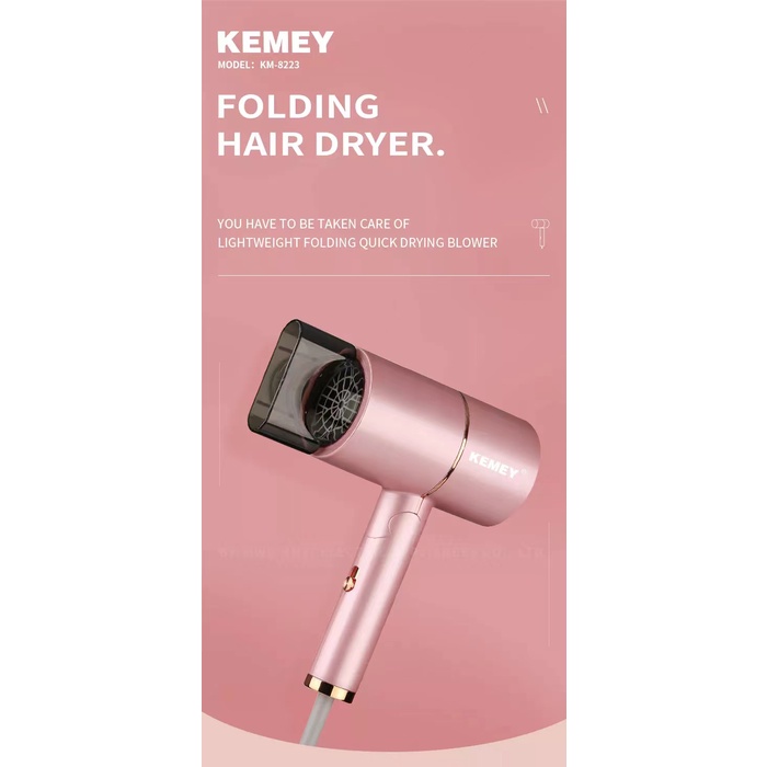 Máy sấy tóc Kemei sử dụng ion âm tay cầm màu hồng gập lại phù hợp du lịch/sử dụng ở nhà/salon