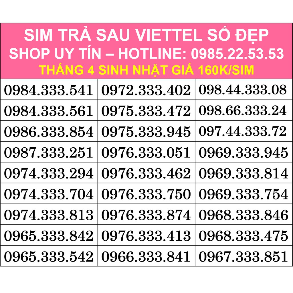 👉SIM TRẢ SAU VIETTEL SỐ ĐẸP ❤️  09 CÓ TAM HOA 111-222-333 GIỮA