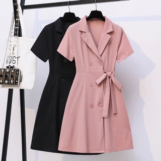 Bigsize M-4XL Đầm cổ vest ngắn tay dáng xoè nhẹ, buộc nơ eo lệch 1 bên