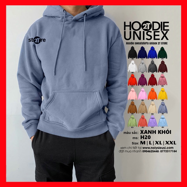 Áo hoodie unisex 2T Store H20 Xanh Khói - Áo khoác nỉ bông chui đầu nữ nón 2 lớp dày dặn chất lượng