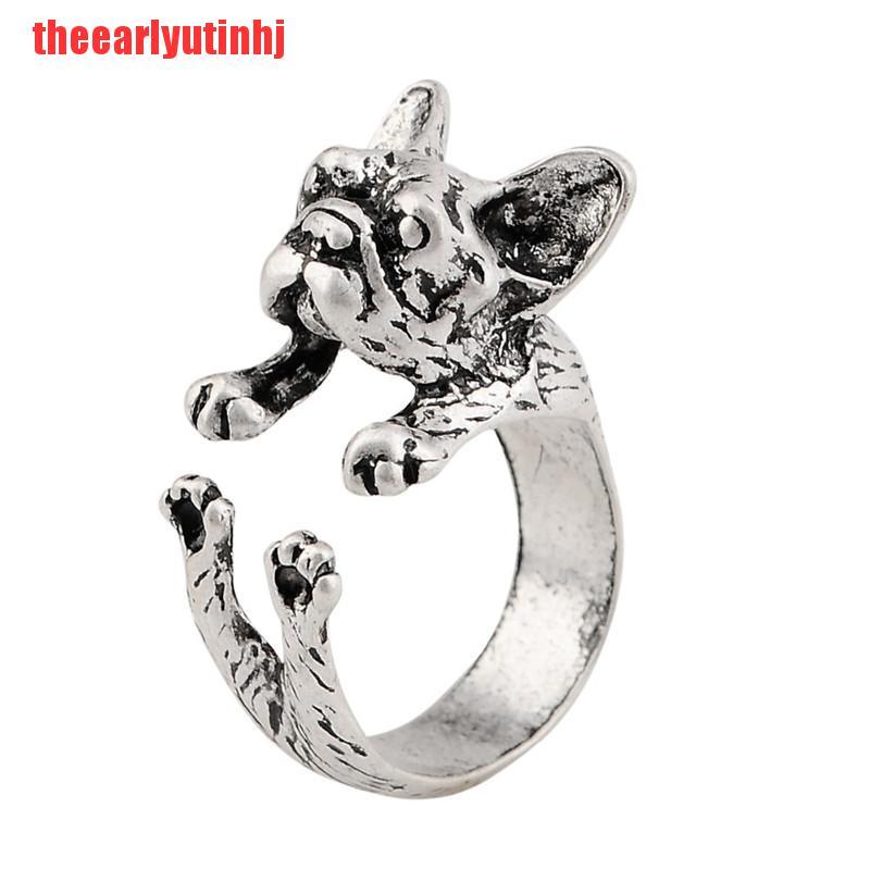 INHJ Vintage French Bulldog Animal Wrap Rings Gift for Women and Men Fashion Jewelry