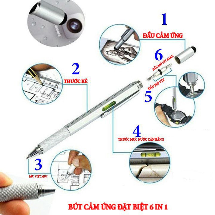 Bút đa chức năng 6 in 1 - bút bi, cảm ứng, thước đo tua vít