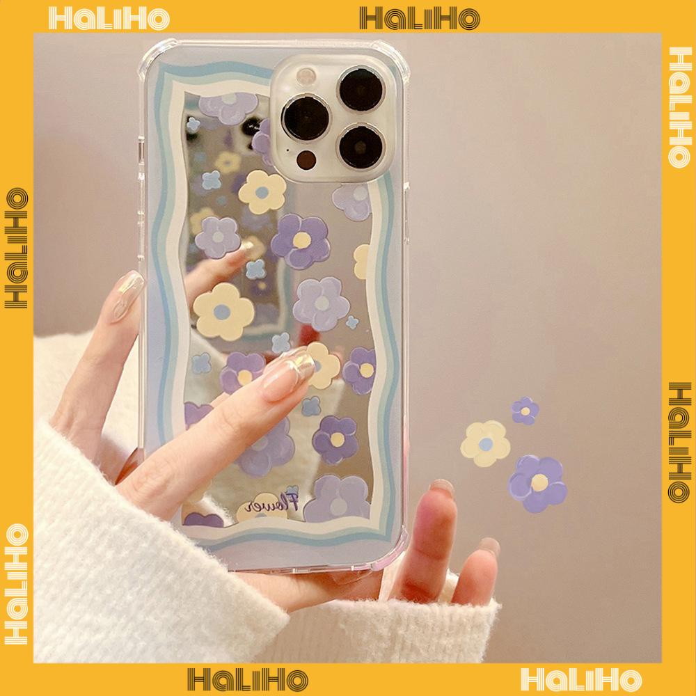 iPhone Case Acrylic HD Mirror Laser Airbag Shockproof Protection Camera Cute Blue Flowers Compatible For iPhone 11 iPhone 13 Pro Max iPhone 12 Pro Max iPhone 7 Plus iPhone xr xs
