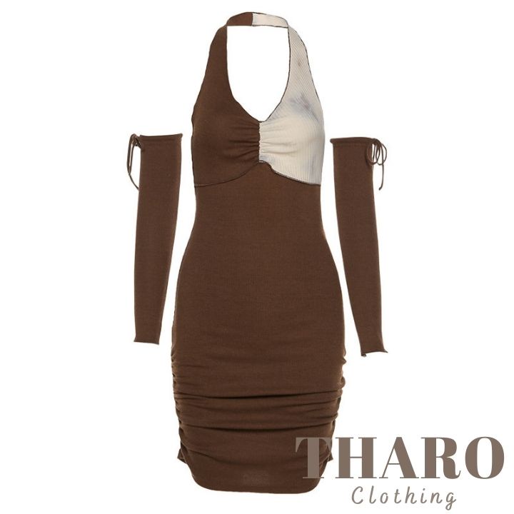 Đầm Nữ Dáng Ôm Cổ Yếm Phối Màu, Kèm Găng Tay - Tharo Clothing