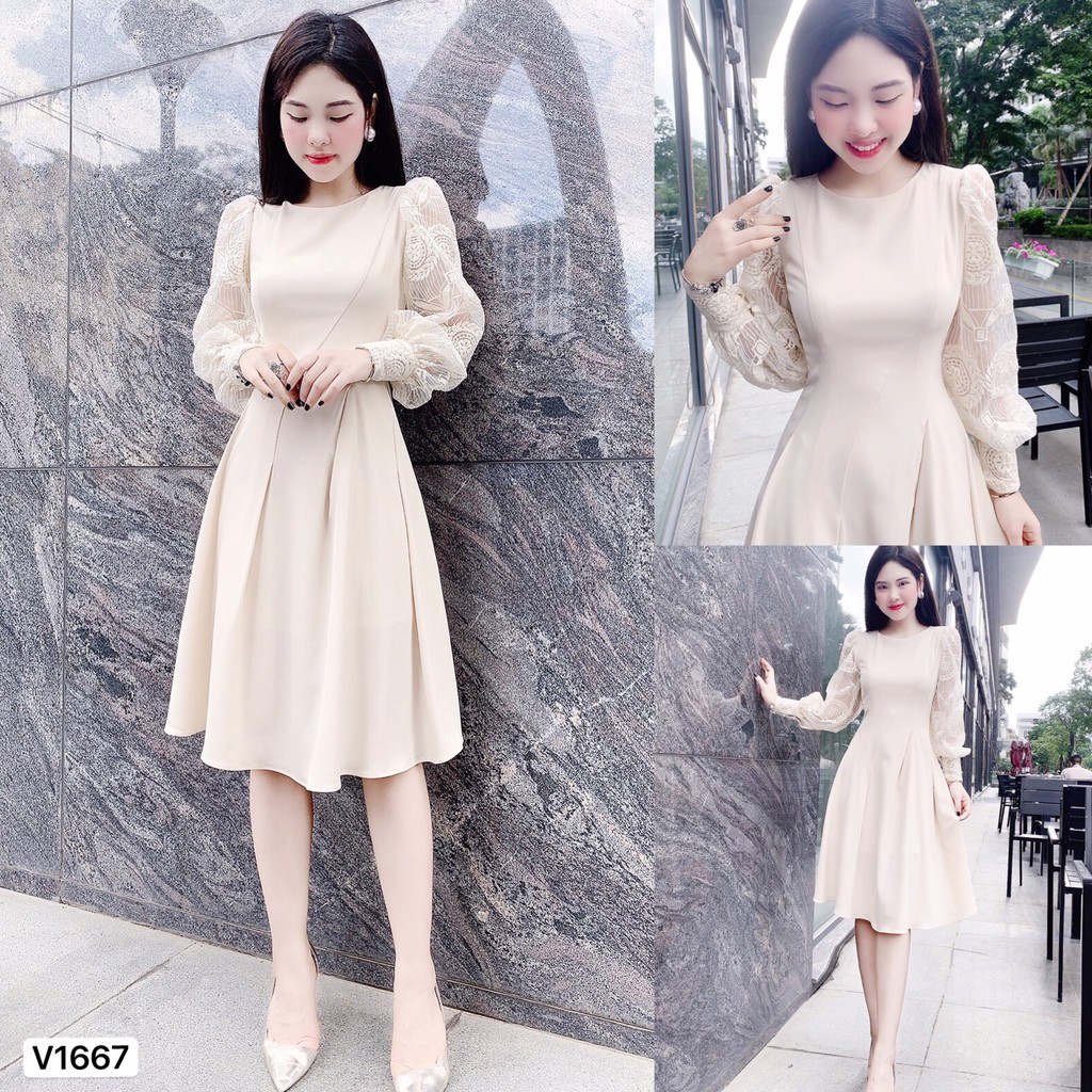 Váy kem xòe tay ren V1667 - Đẹp Shop DVC (Kèm ảnh thật trải sàn do shop tự chụp)