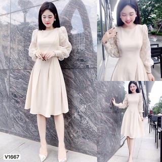 Váy kem xòe tay ren V1667 - Đẹp Shop DVC (Kèm ảnh thật trải sàn do shop tự chụp)