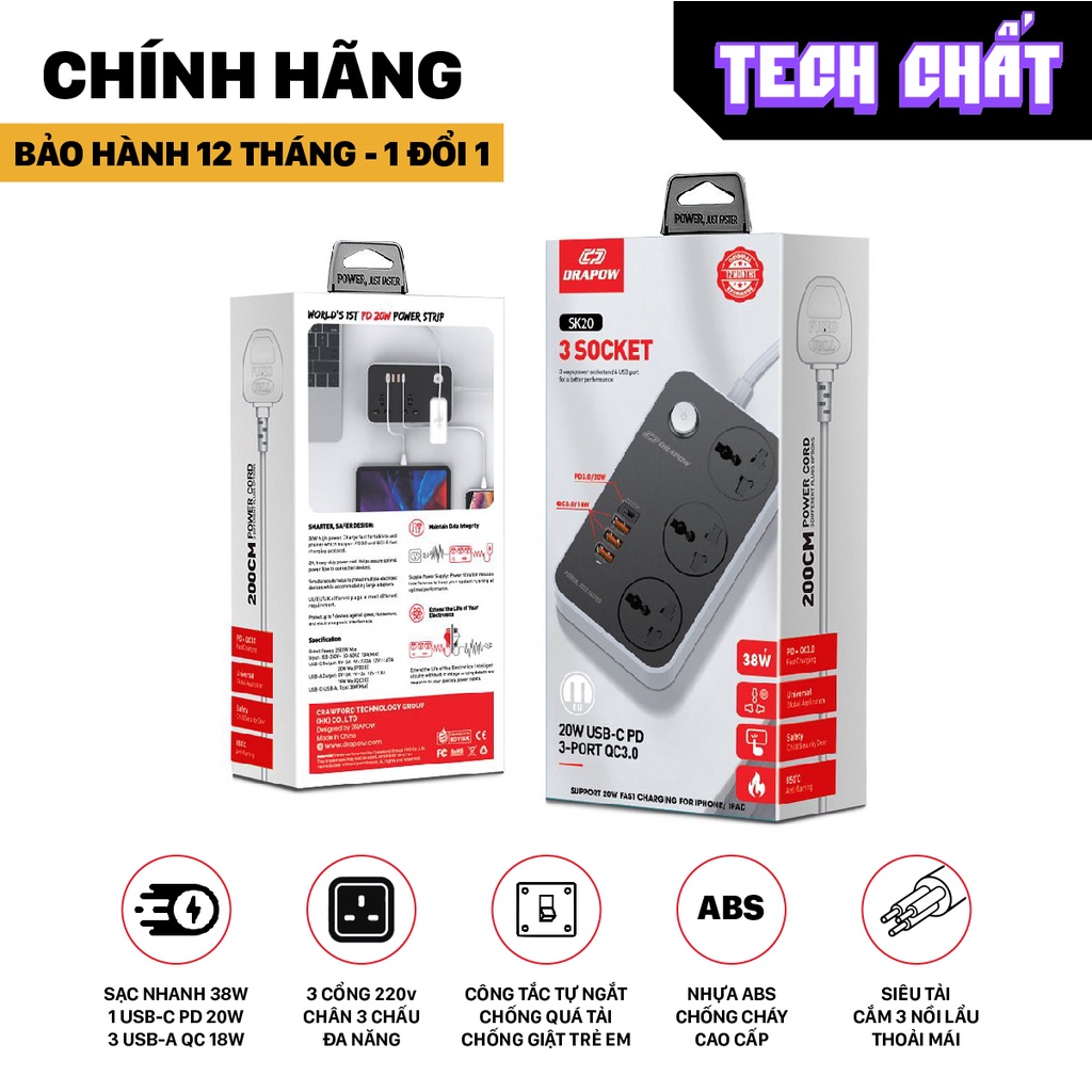 Ổ cắm điện đa năng siêu tải drapow SK20 3000W dây 2m chống cháy giật Sạc nhanh type C PD tech chất SK 22 25 26 28 29