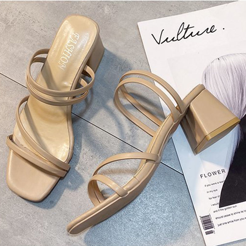 IELGY Xăng đan Mềm Gót Thấp 5cm Màu Be Có Quai Đeo Thời Trang Cho Nữ