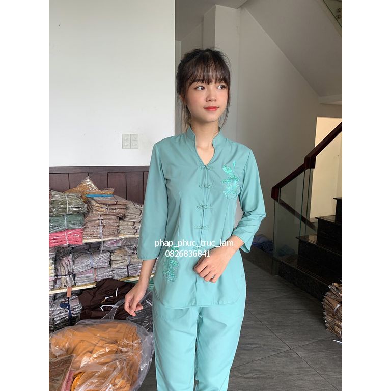 Đồ lam - Quần áo đi chùa - Áo lam phật tử - cổ tàu thêu