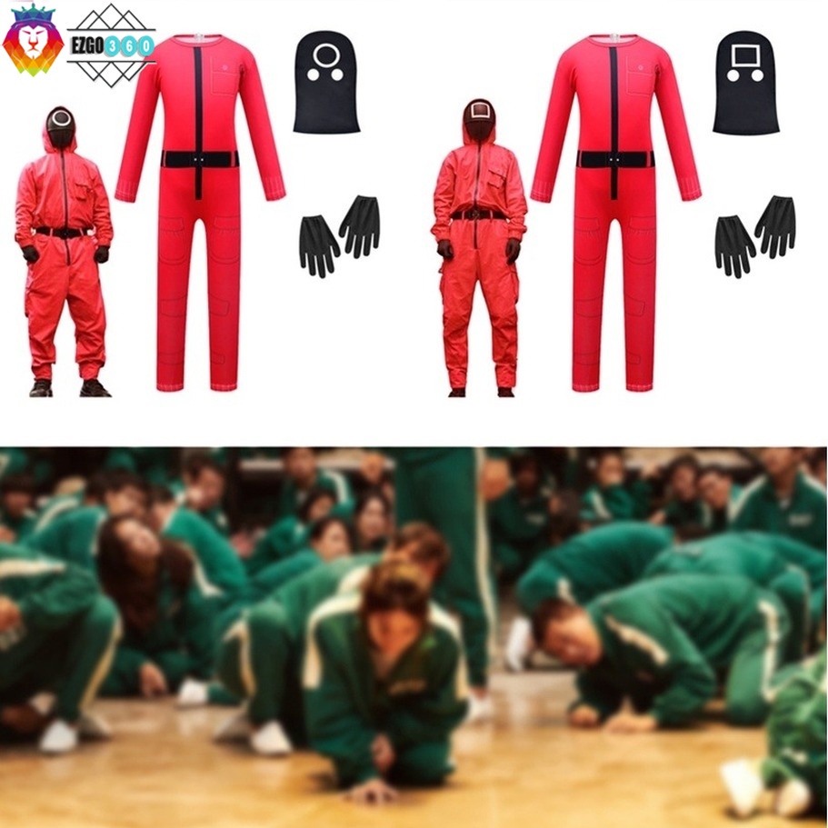 ™♝Còn hàng🇻🇳【Set đồ 3 】Trẻ em Squid Game Trò Chơi Mực ống Halloween Mới Cos Trang Phục Lễ Hội áo Liền Quần Màu đỏ@SLL