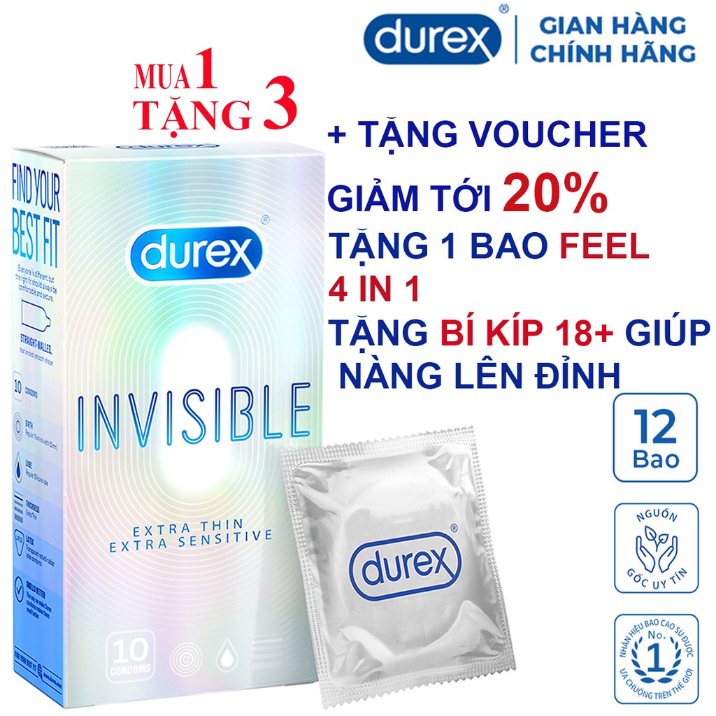 Bao cao su Durex Invisible ⚡CHÍNH HÃNG⚡ Extra Thin Extra Sensitive 10 bao siêu mỏng ôm sát tạo khoái cảm