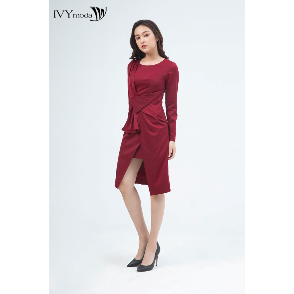 Đầm 2 lớp dài tay vạt nếp thiết kế IVY moda MS 48M5119