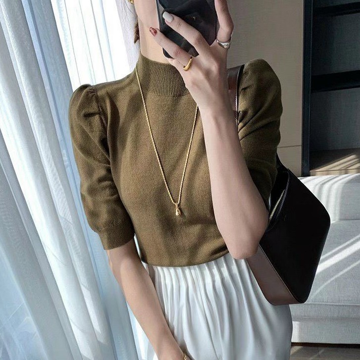 Áo len dệt kim cổ cao tay lỡ bồng (hàng QC) - Áo lên tay phồng