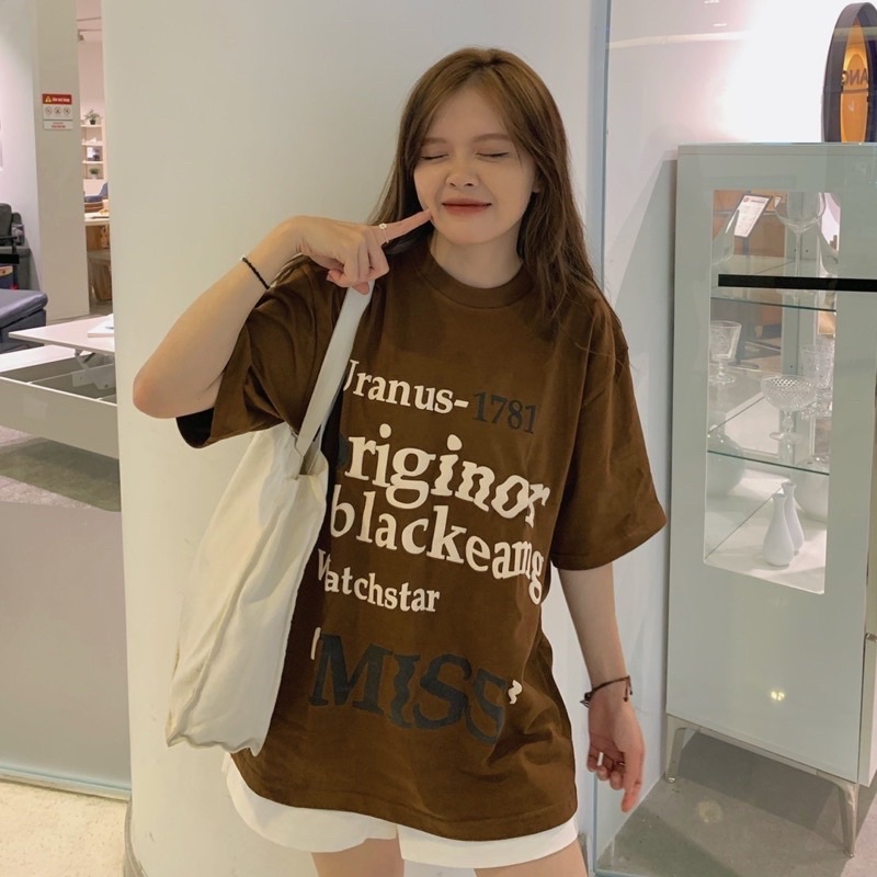 Áo Thun Tay Lỡ Unisex MISS 1781 màu NÂU  /Nam nữ unisex/ Áo phông cổ tròn form rộng