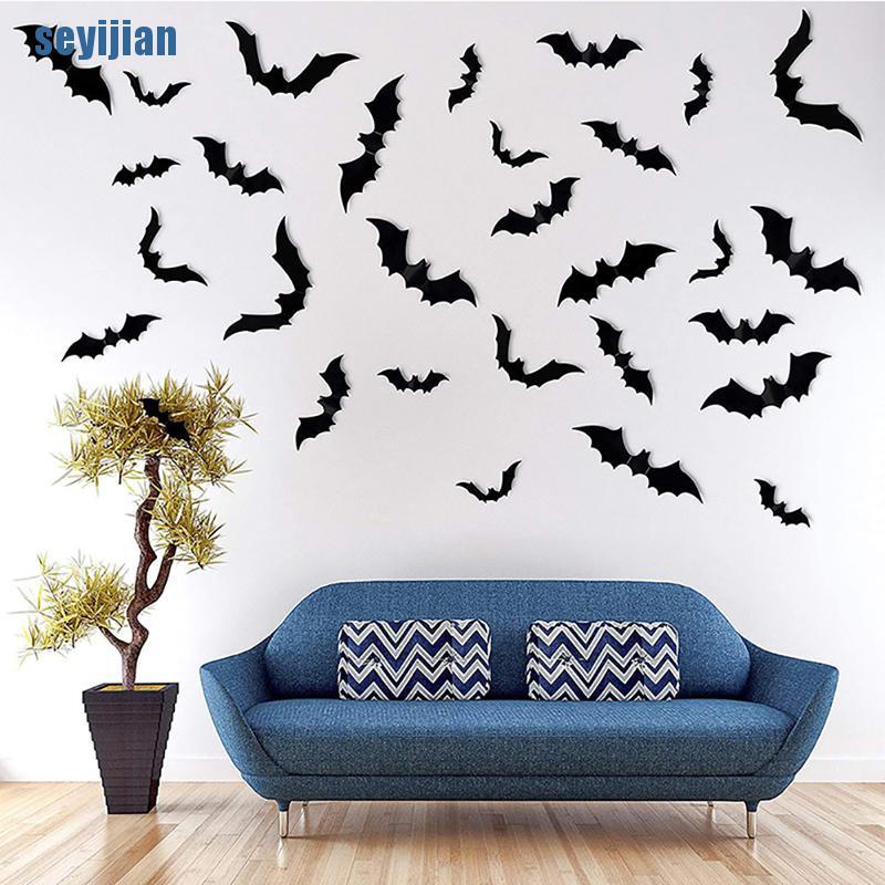 Set 12 Sticker 3D Hình Dơi Đen Trang Trí Halloween