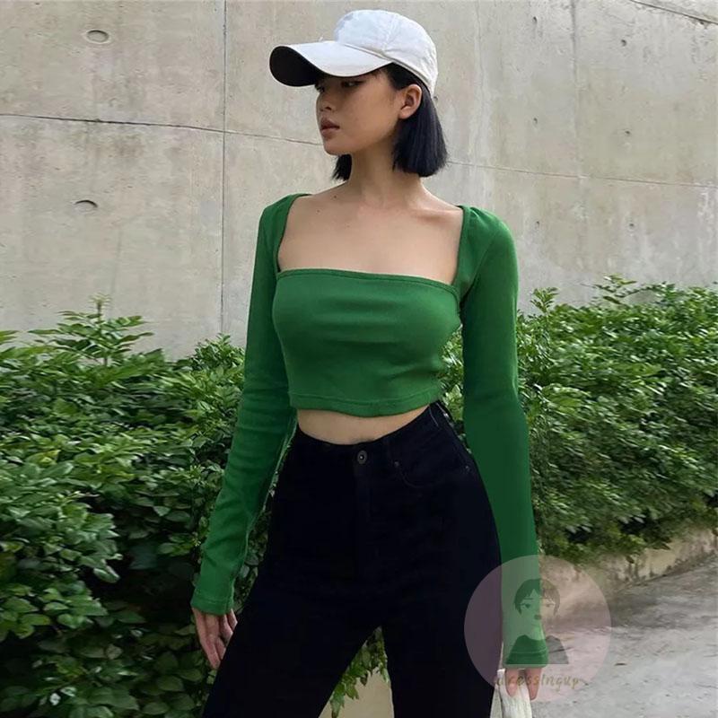 Áo Thun Tay Dài Cổ Vuông Màu Trơn Dáng Ôm Thời Trang Cho Nữ