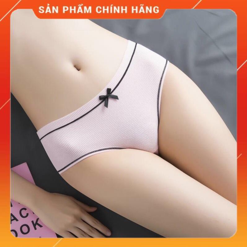 Quần Lót Cotton Tăm Viền Kẻ Phối Nơ Cao Cấp 028