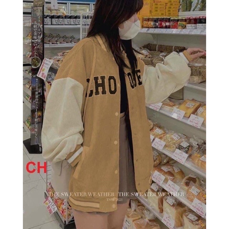 Áo khoác bomber kaki nhung gân thêu unisex ulzzang nam nữ