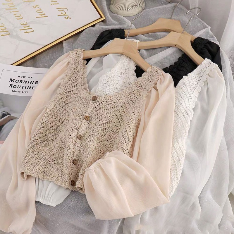 Áo Khoác Cardigan Vải Voan Tay Phồng Dài Cài Nút Cổ Bẻ Màu Trơn Kiểu Pháp Thời Trang Cho Bạn Gái