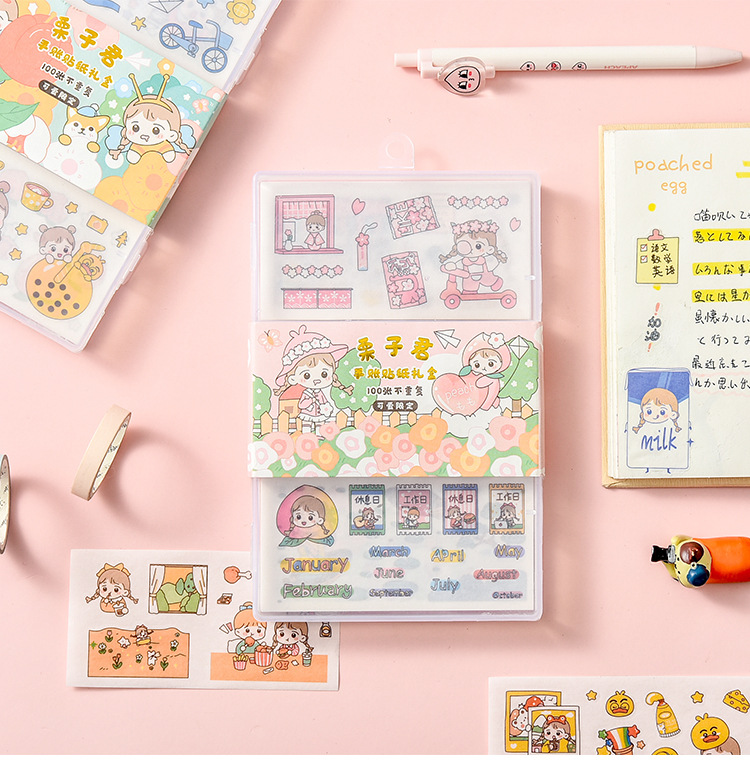 Hộp 100 tờ nhãn dán họa tiết bé gái hoạt hình đáng yêu trang trí sổ tay sổ lưu niệm DIY