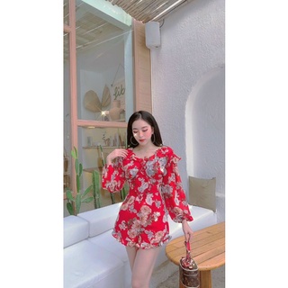 Jumpsuit voan cổ bèo dài tay có lót quần