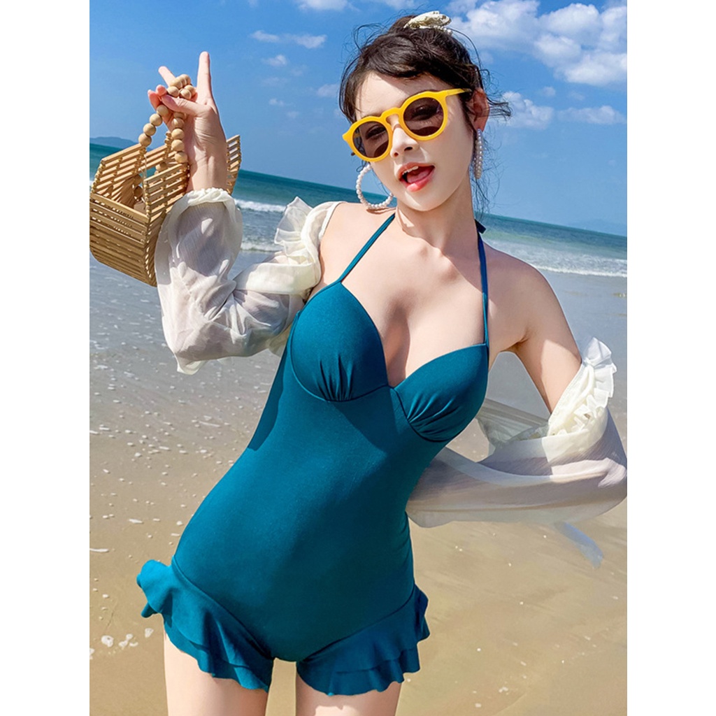 Bộ đồ bơi bikini nữ một mảnh liền thân đi tắm biển kèm áo croptop ren trắng chấm bi tiểu thư hot trend 2021