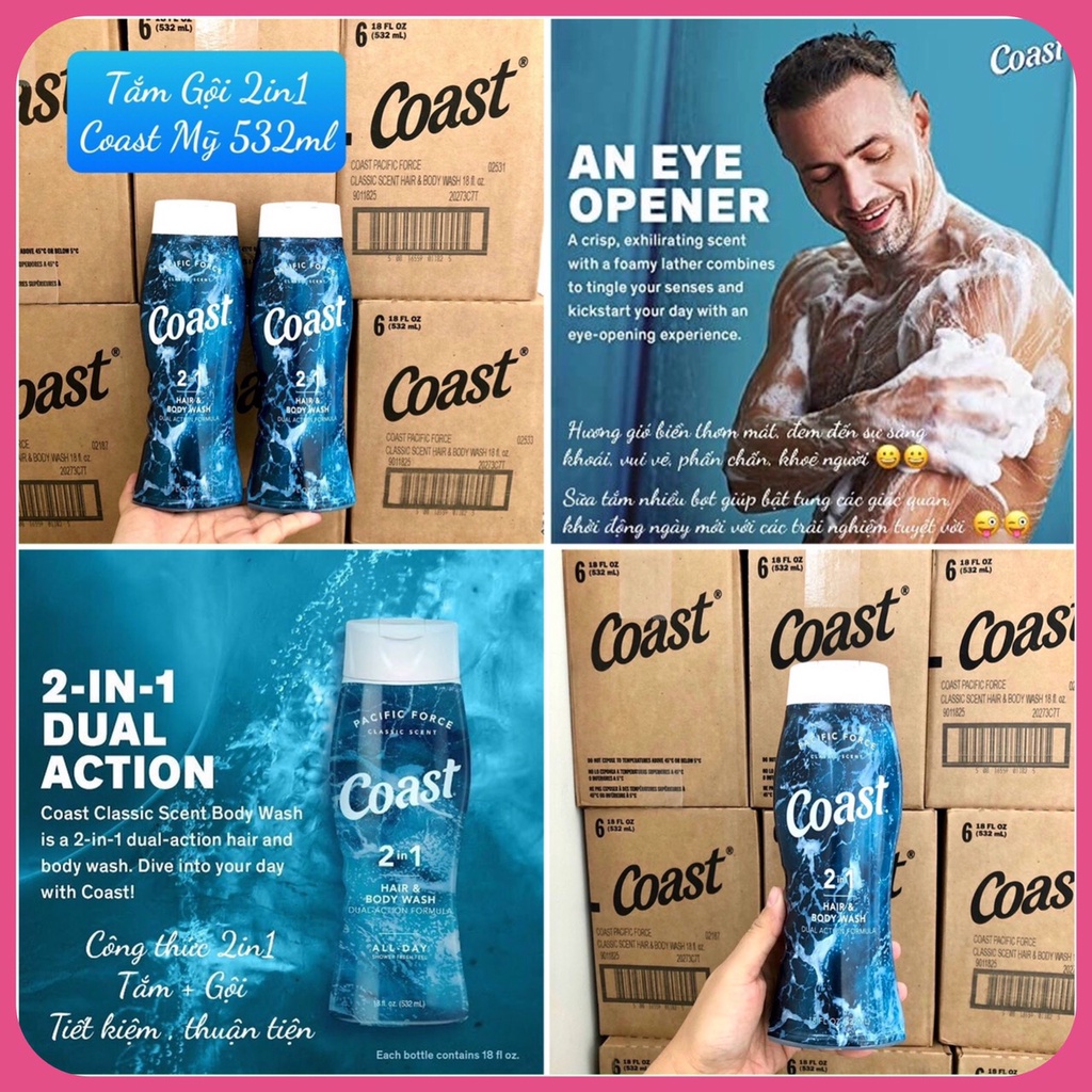 ❤️  [Quận 3] Sale Sữa Tắm Gội Nam Coast 2in1 Hair Body Wash Mỹ 532ml Thơm Sạch Mềm Da