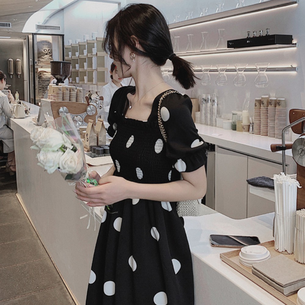 Đầm nữ, váy nữ cổ vuông sau lưng có dây buộc nơ , hoại tiết chấm bi bánh bèo tiểu thư sang chảnh hót hít ATILA SHOP. | BigBuy360 - bigbuy360.vn