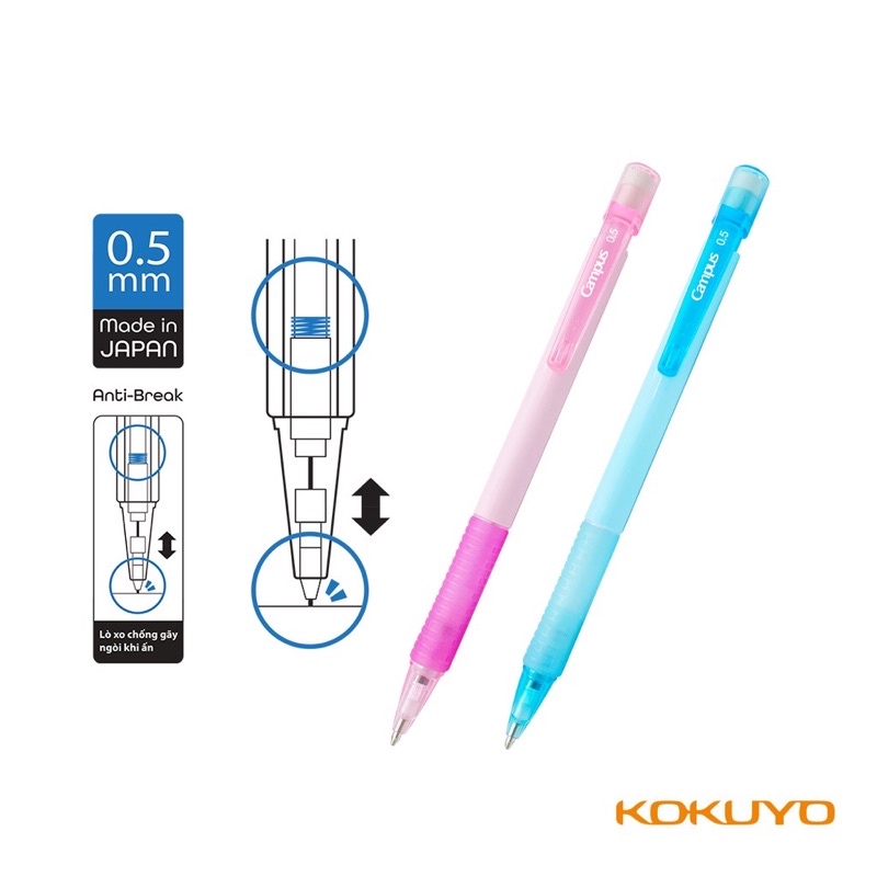 Bộ sưu tập bút chì bấm Campus Kokuyo nắp gài chuẩn Nhật Bản , chì ngòi 0.5 0.7 0.9 mm nhiều màu sắc dễ thương Akai
