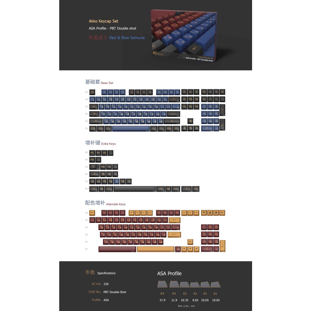 Nút Bàn Phím - AKKO Keycap set – Red &amp; Blue Samurai (PBT Double-Shot/ASA profile/226 nút)